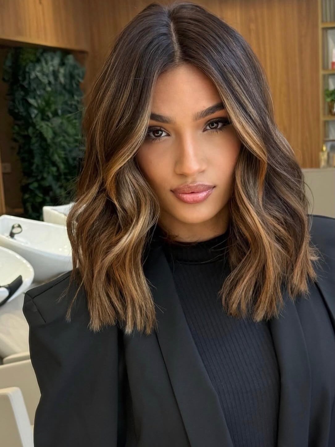 Caramel balayage with a soft-wave finish, styled at Gabriel Hair & Make-Up Styles